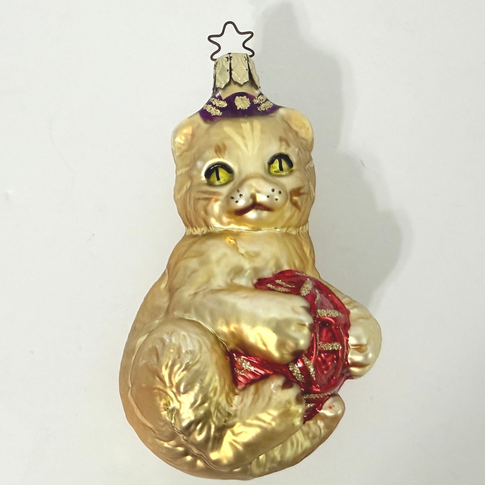 Inge-Glas Germany Glass Cat Ornament Ginger Tabby with Red Yarn Ball Star Crown